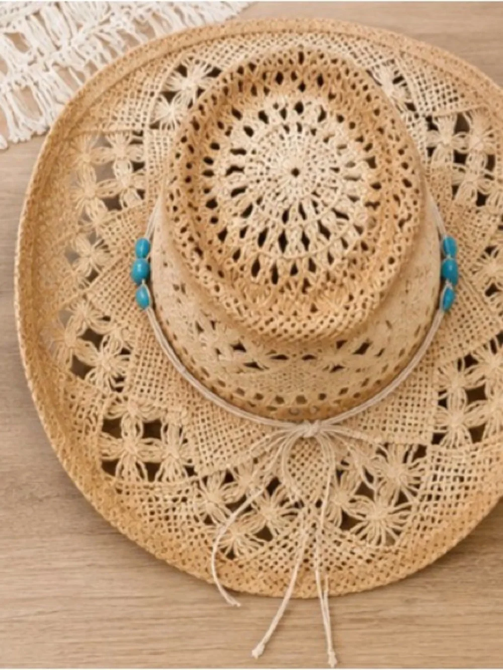 Natural Crochet Straw Cowboy Hat with Turquoise Bead Band